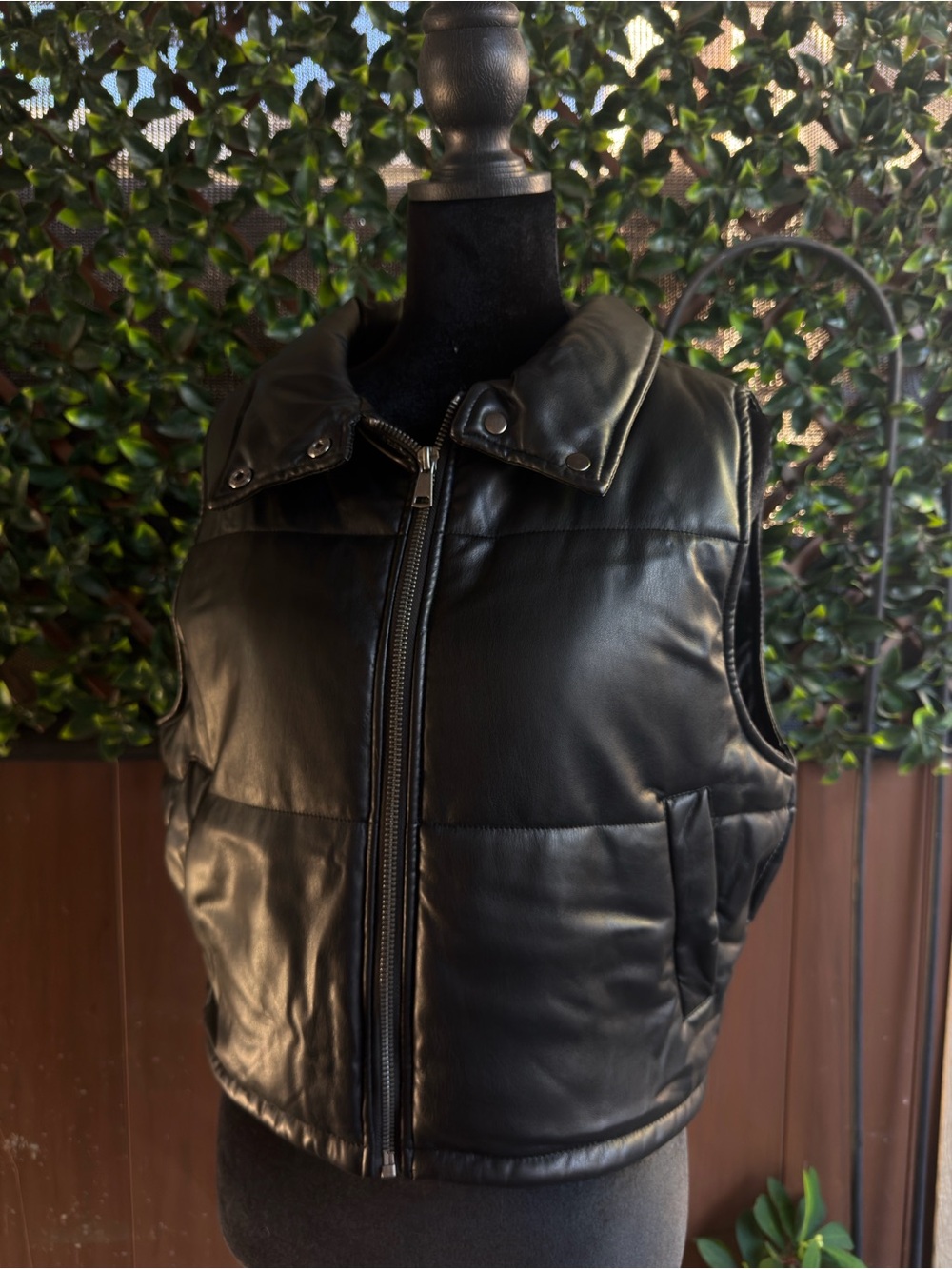 Anthropologie Black Leather-Look Quilted Puffer Vest vegan faux-leather